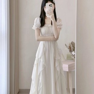 收腰显瘦中长款 法式 女装 方领甜美温柔仙女风连衣裙女夏季 裙子 新款