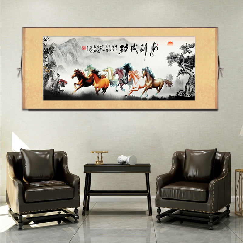 八骏图卷轴挂画横骏马图徐悲鸿国画马到成功墙壁画马客厅饰画