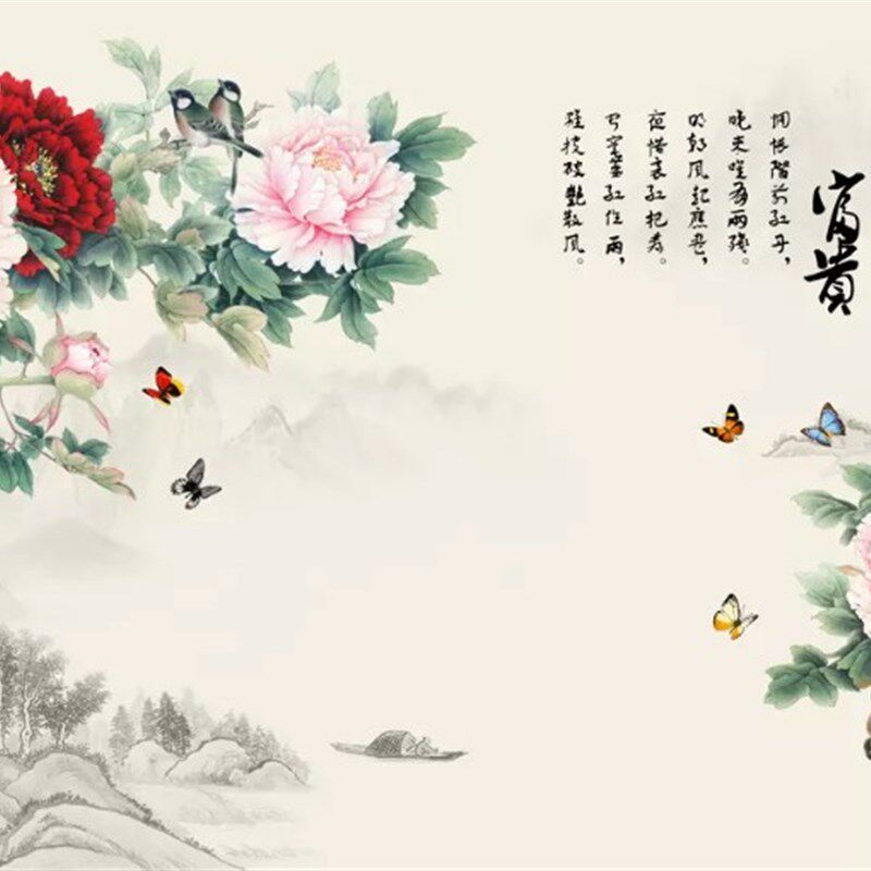 富贵牡丹电视背景墙喷绘壁画无缝宣绒布蚕丝布客厅墙布