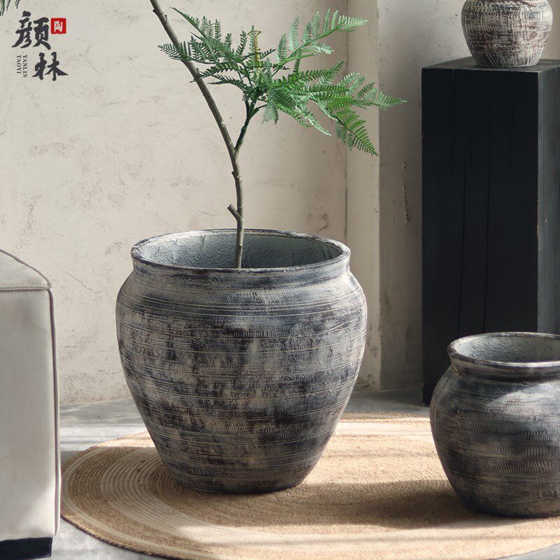 灰色艺术水泥盆复古大盆龙舌兰蓝楹室内客厅绿植盆酒店装饰