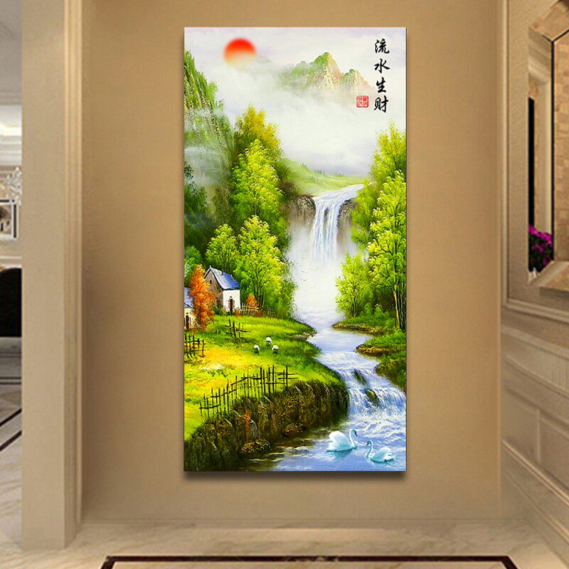 现代玄关装饰画过道走廊挂画山水风景壁画流水生财竖单幅无框画
