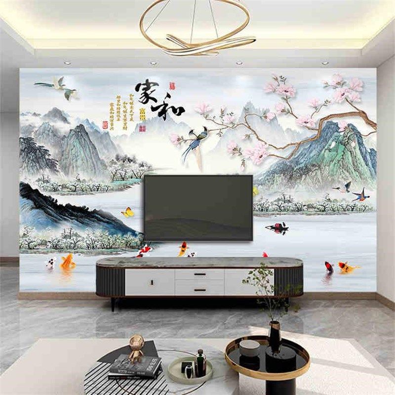 家和万事兴电视背景墙壁纸山水意境客厅沙发背景墙壁画装饰墙布
