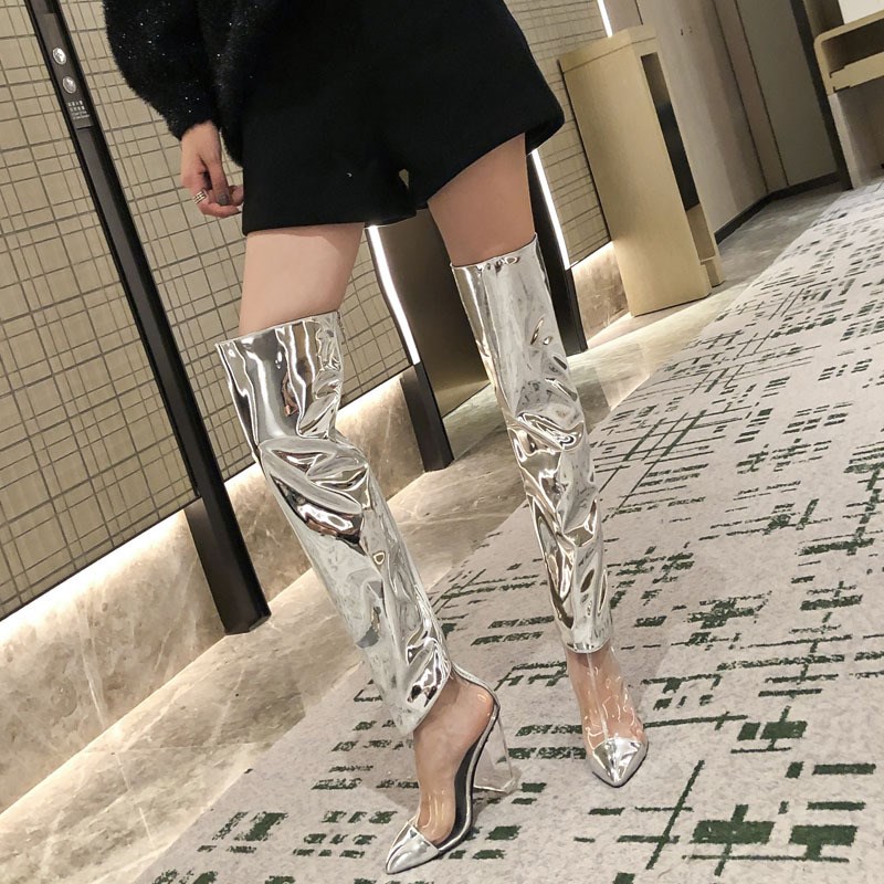 外单镜面漆皮透明异型坡跟过膝靴欧美T台走秀大码性感舞台潮靴子