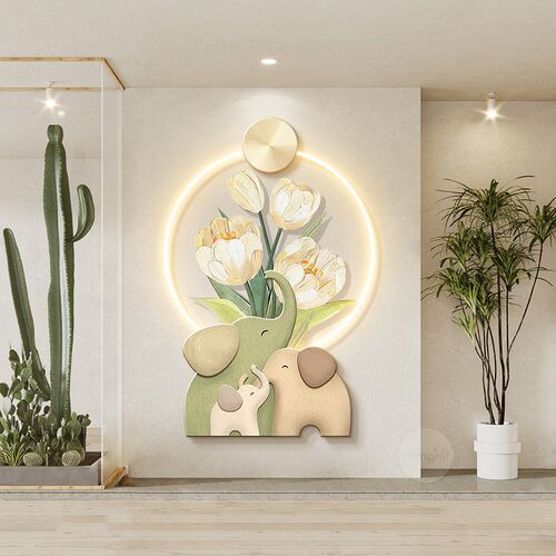 奶油风大象入户玄关装饰画卉肌理画壁灯画走廊过道挂画