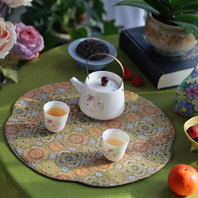 面加厚织锦一茶垫复古素雅茶道干泡席海棠型茶布桌垫
