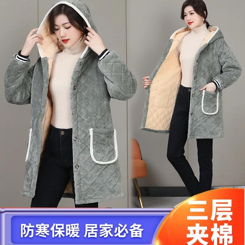 女罩衣层夹外穿洋气长袖加绒加厚围裙冬季外大褂居服
