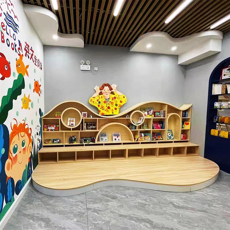 图书阅览室整墙台阶书柜幼儿园演讲表演小舞台展示架多层地台