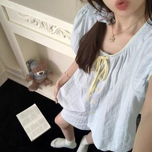 短裤 夏季 睡衣裤 2025新款 可外穿蓝色全棉家居服 套组女款 可爱泡泡袖