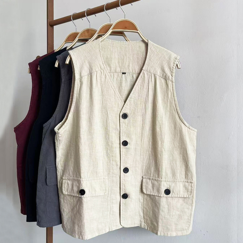 云梦集夏薄款纯亚麻男式马甲坎肩文艺宽松复古背心无袖男外套新中