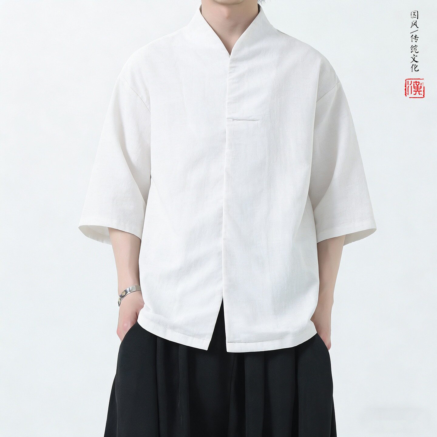 织造局2026中国风红色衬衫男短袖夏季宽松休闲禅意茶服中式复古唐