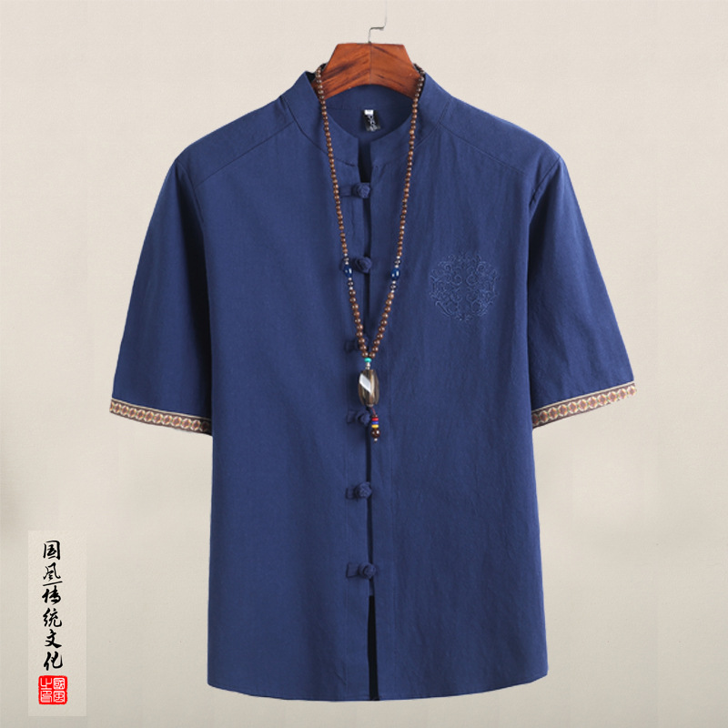 云梦集2025夏季立领唐装亚麻布短袖衬衫中老年爸爸透气衬衣男新中
