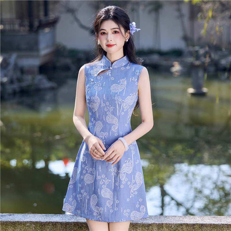 织造局蓝色旗袍女新中式短款改良文艺旗袍2026春夏新款年轻小个子