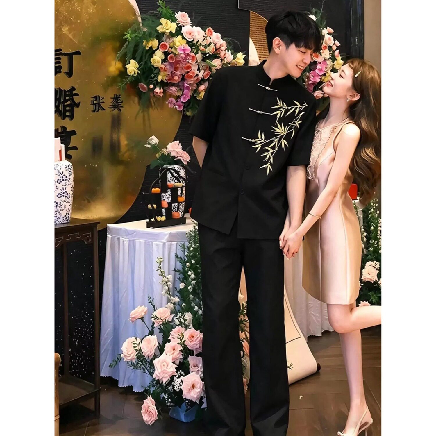 织造局新中式立领短袖衬衫夏季订婚男装套装竹子刺绣婚礼立领设计