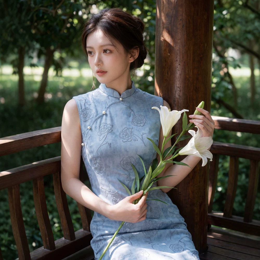 织造局蓝色针织植绒花夏长款旗袍女2026夏新款少女无袖年轻款