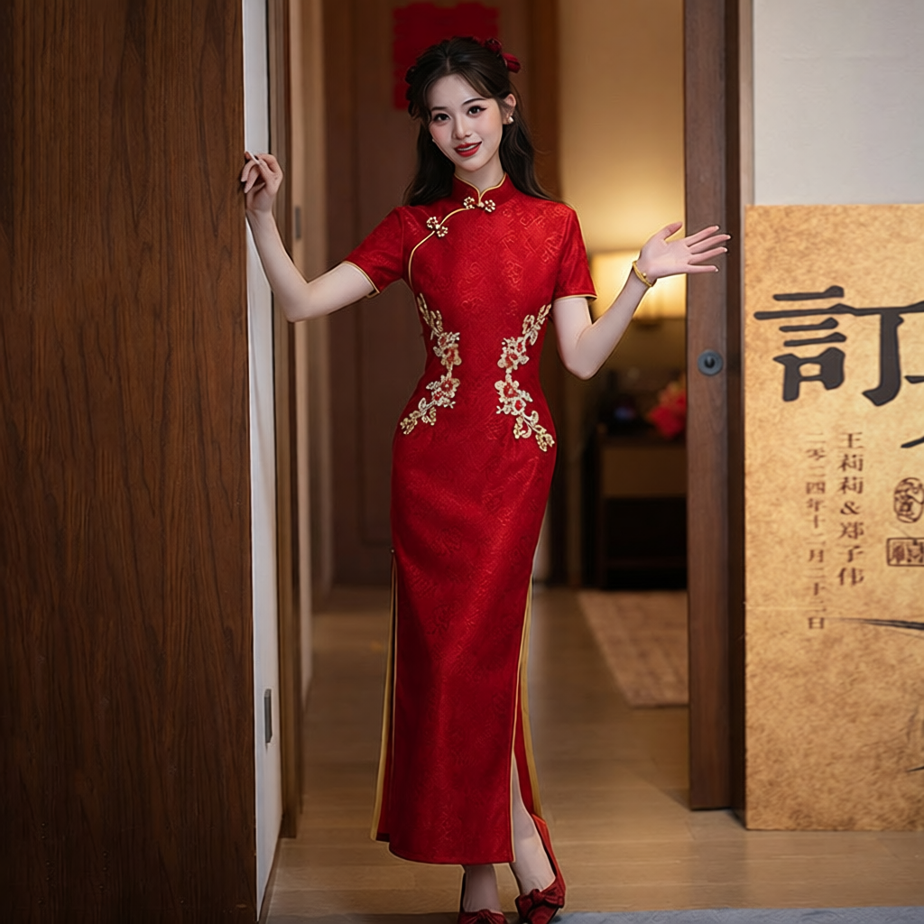 织造局红色高级感洋气刺绣长款旗袍新款女中式新娘服订婚回门服