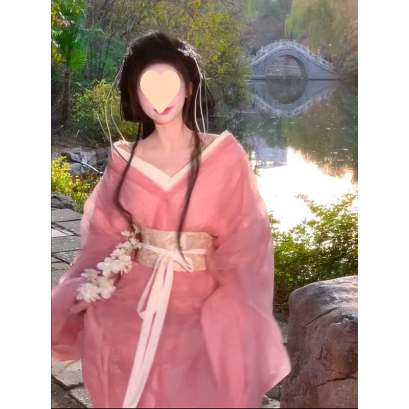 云梦集粉色交领汉服田园古装魏晋直裾战国袍马山甜美拖尾套装