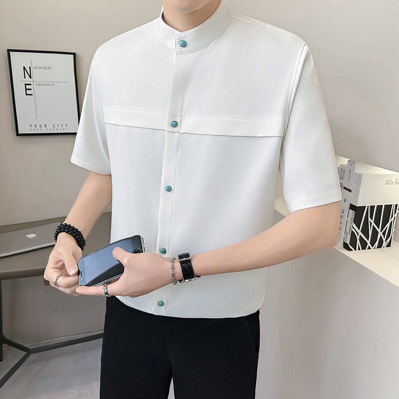 织造局黑色短袖冰丝男士衬衫2026夏季新款高级垂感免烫衬衣通勤上