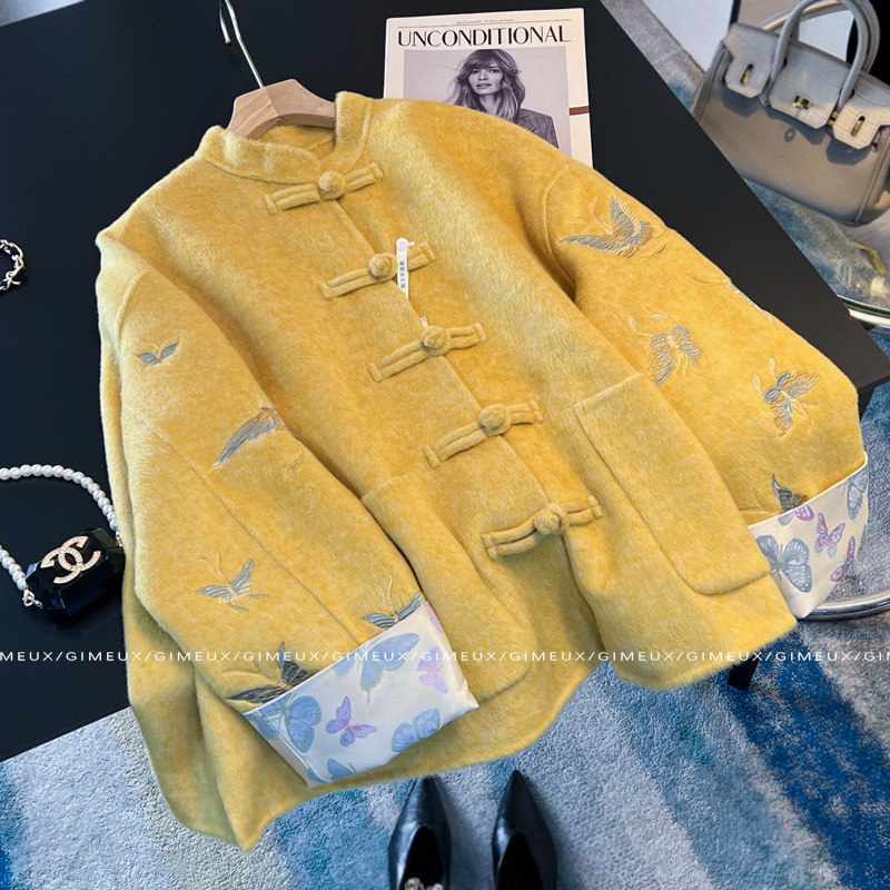 云梦集新中式国风黄色盘扣羊绒外套女2025新款爆款秋冬今年流行立