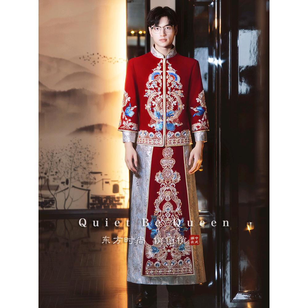 云梦集丝绒奢华新郎秀禾服结婚撞色男士马褂2025男装长袍接亲服