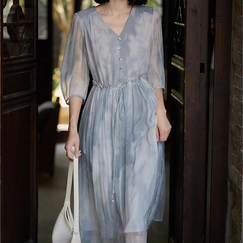 织造局清透水彩晕染 顺纡绉桑蚕丝裙子 高端收腰印花真丝连衣裙夏