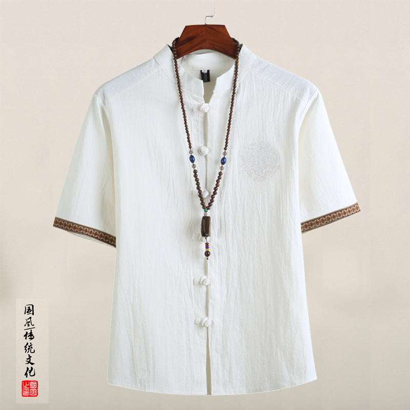 云梦集2025中国风夏季新款男士棉麻衬衣盘扣立领休闲短袖衬衫刺绣
