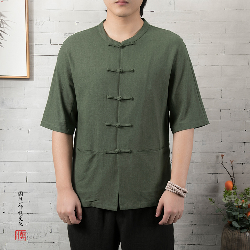 云梦集新品中国风棉麻唐装短袖衬衫夏季薄款男士五分袖上衣