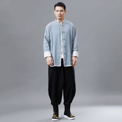 云梦集秋季新款 滚边衬衫 立领小布扣男式衬衫中国文艺风上衣滚边