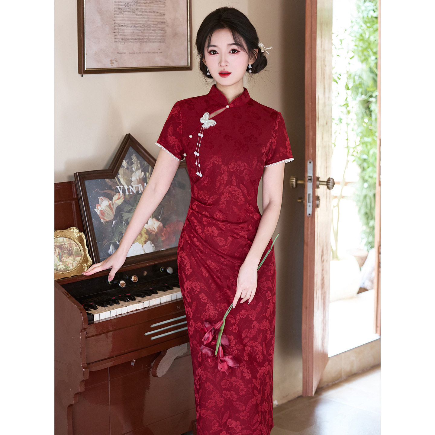 织造局酒红色旗袍服晨袍女新娘出阁宴便装新款新中式订婚礼服裙