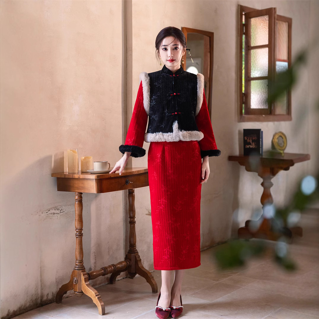 云梦集黑色旗袍套装秋冬季加绒厚过年战袍女拜年汉服唐装国风红色