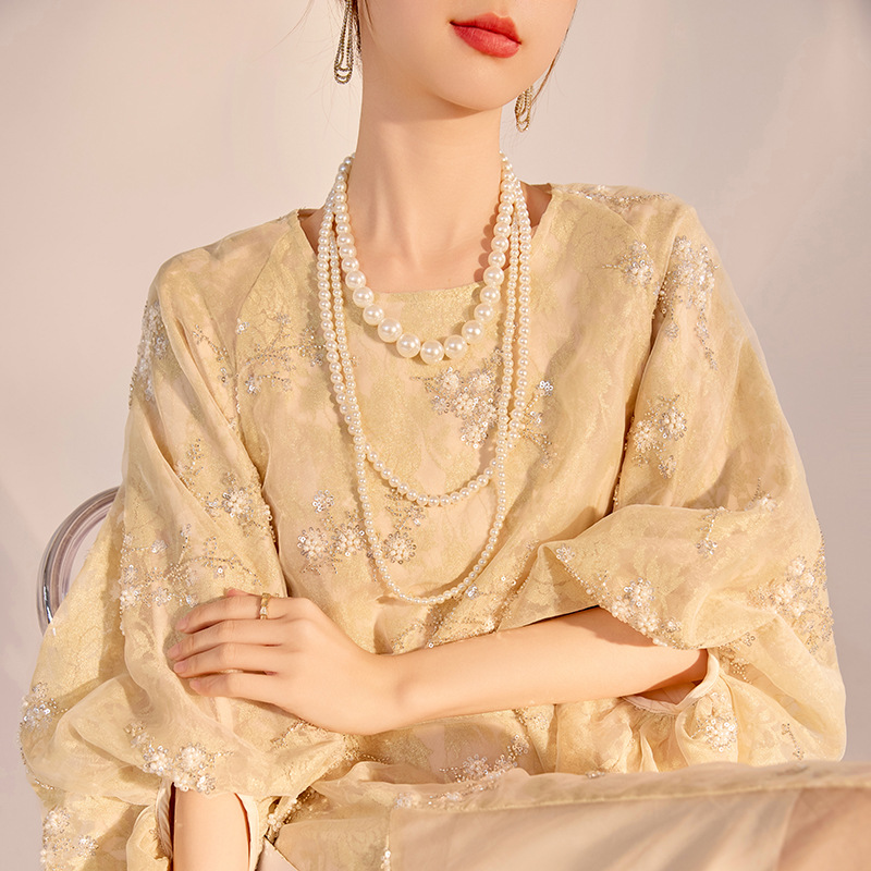 云梦集高端花朵钉珠刺绣连衣裙国风2025轻奢设计感气质长裙 N2034