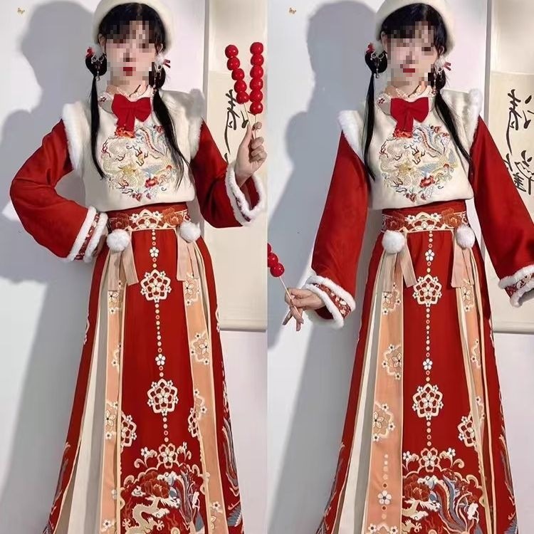 云梦集原创汉服女新款秋冬款[无忧]圆领比甲加绒加厚古装改良拜年