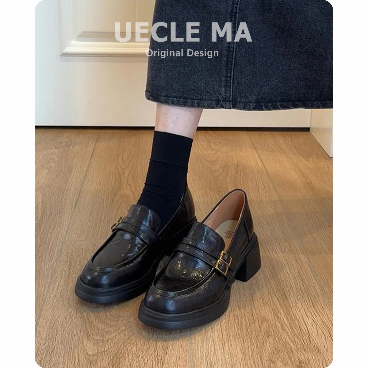 云梦集头层牛皮~女英伦风春秋新款粗跟单鞋复古小皮鞋.