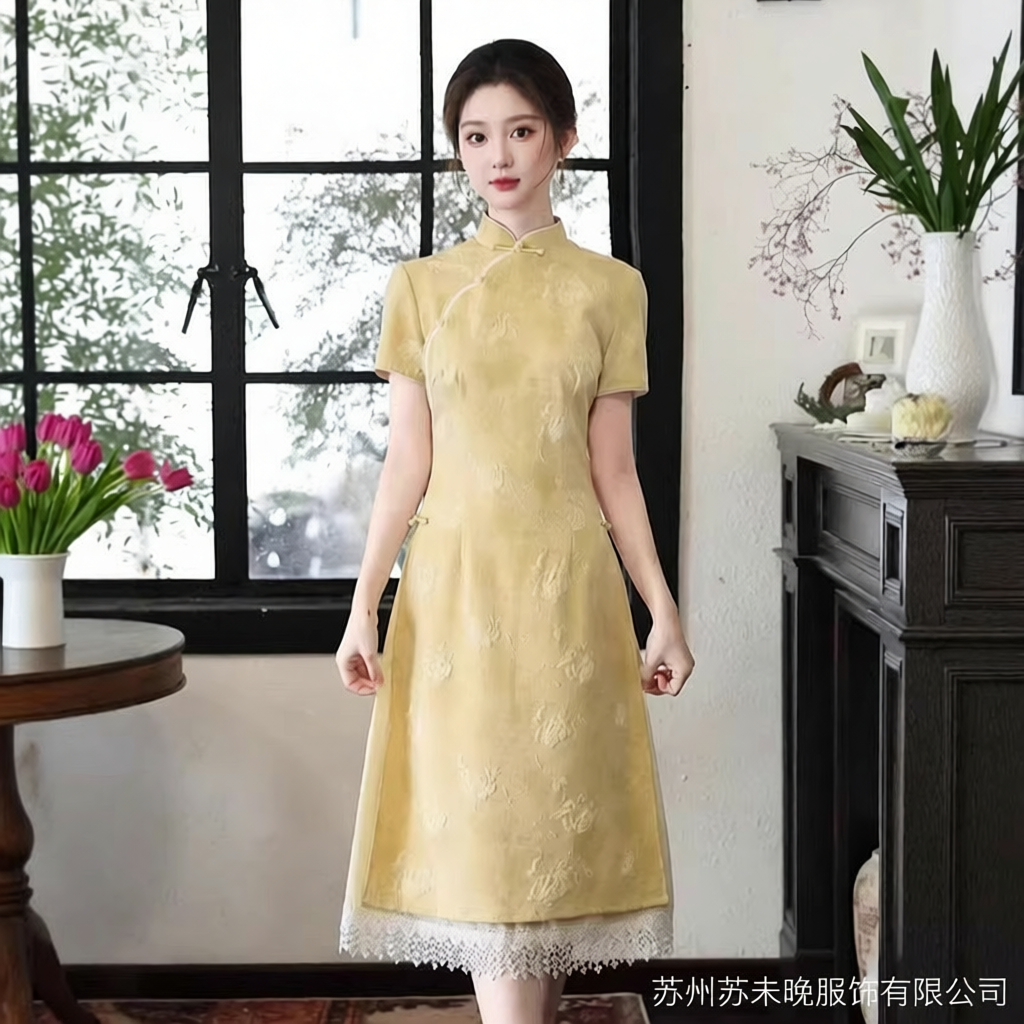 织造局2026春夏新款旗袍奥黛长款黄色旗开得胜送考年轻款显白女旗