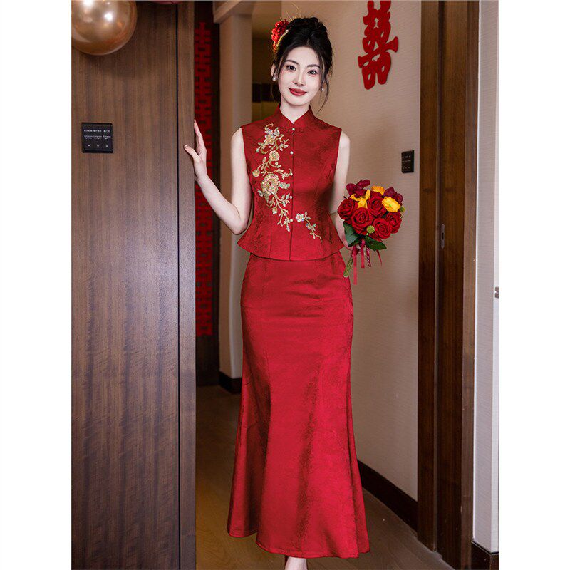 织造局鱼尾旗袍两件套夏款新娘婚宴礼服新中式红色刺绣高级感202