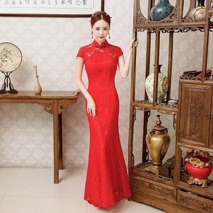 礼服结婚红色礼仪旗袍蕾丝长款 中式 鱼 新款 云梦集服新娘2020秋冬季