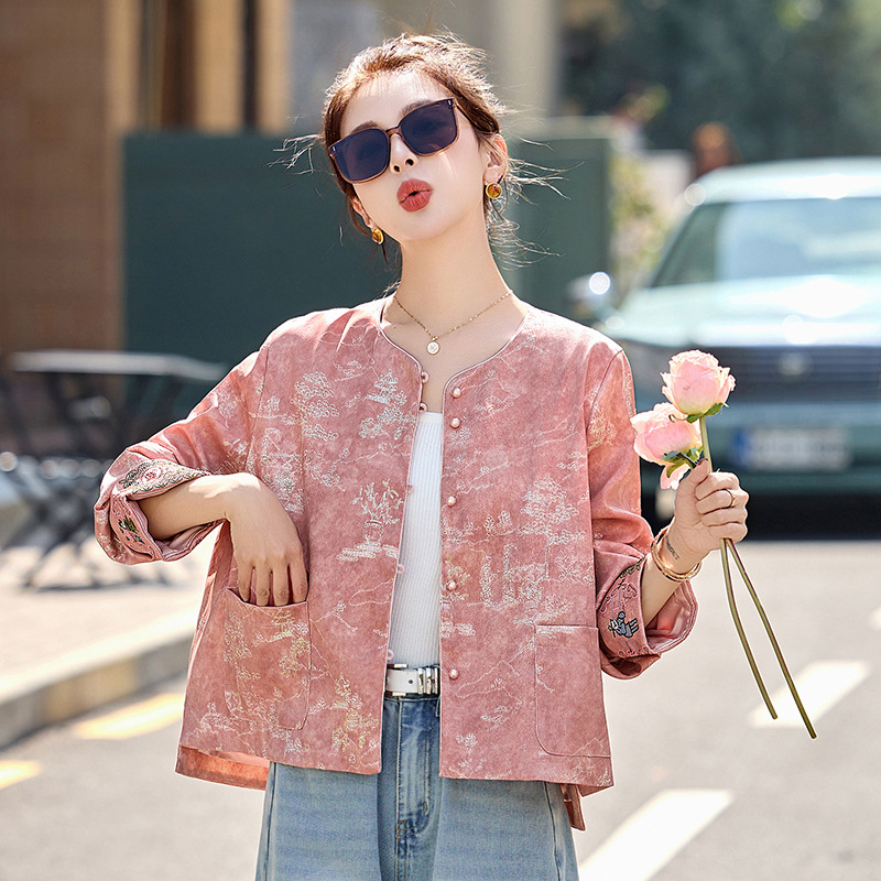 云梦集2025春季新款小个子宽松显瘦新中式国风刺绣单排扣外套RX9