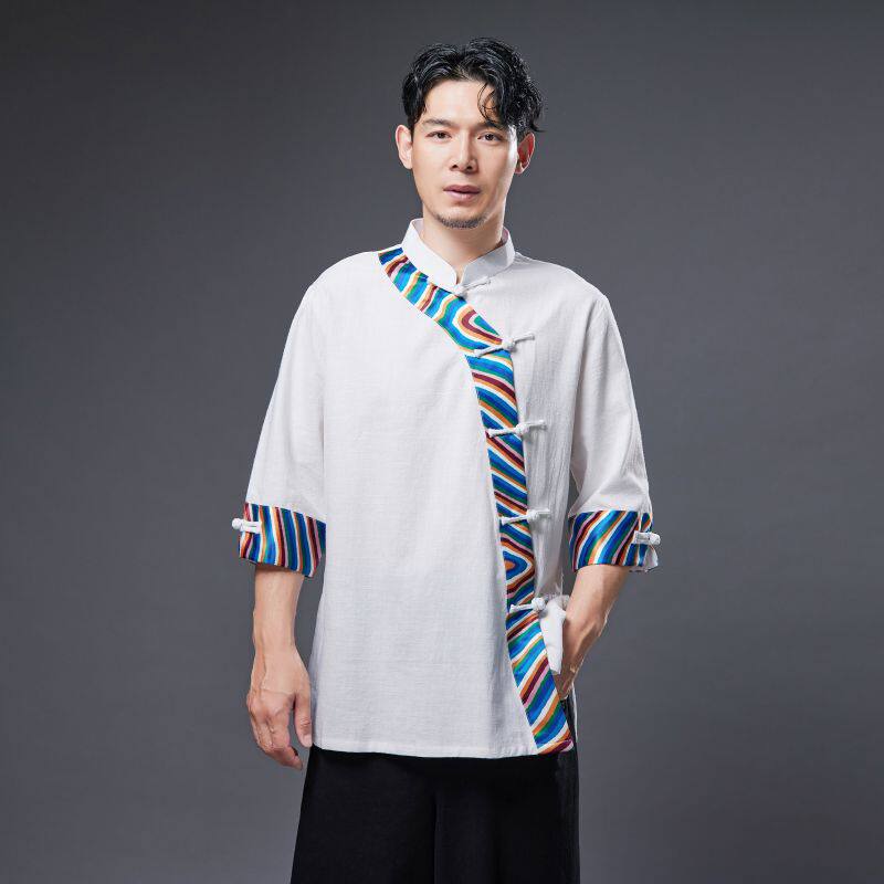 织造局复古海拼色斜襟盘扣男士开衫薄款夏季七分袖上衣民族风立领