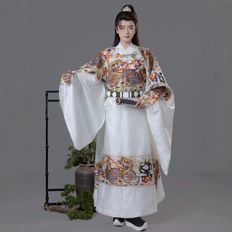 织造局夏季新款明制汉服男织金妆花圆领袍白色广袖情侣款薄款长衫