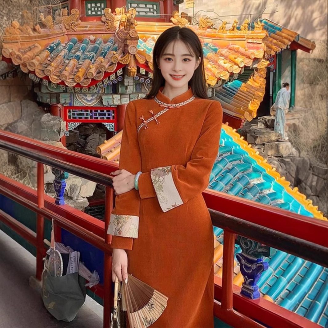 云梦集新中式国风【一川枫叶】复古改良旗袍女秋气质长袖连衣裙