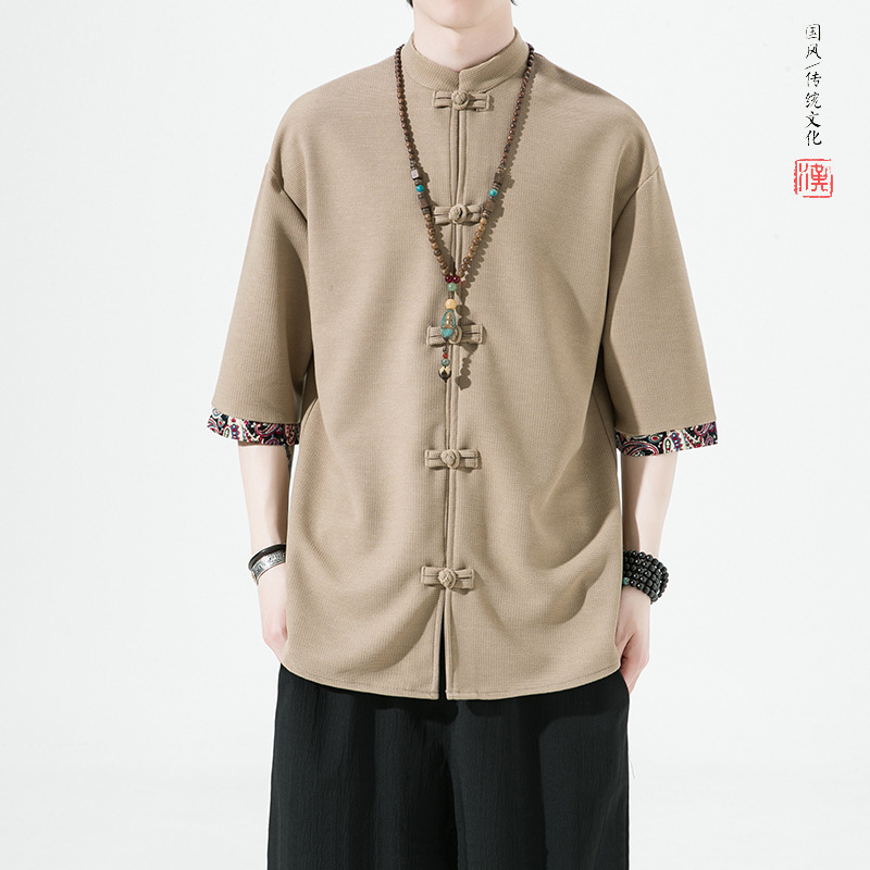 云梦集中国风复古男士汉服t恤2025夏季新款华夫格立领上衣盘扣短