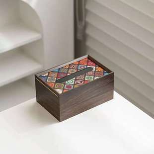 波西米亚风格纸巾盒餐厅家用创意客厅茶几收纳盒木质高档桌面纸盒
