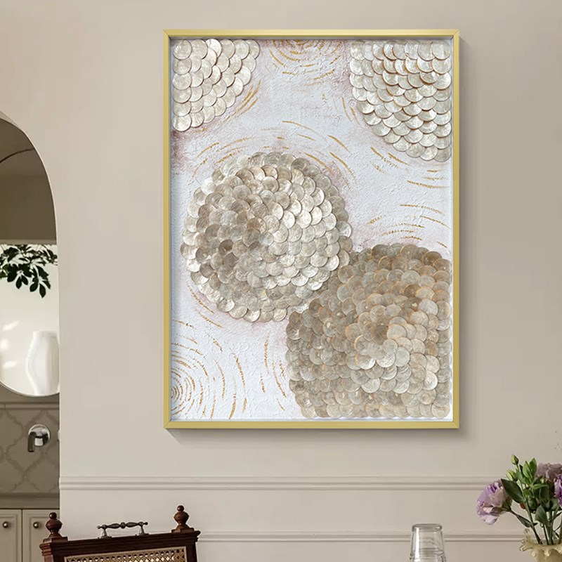 创意轻奢金色贝壳装饰画欧式几何艺术手绘油画客厅卧室背景墙挂画图片