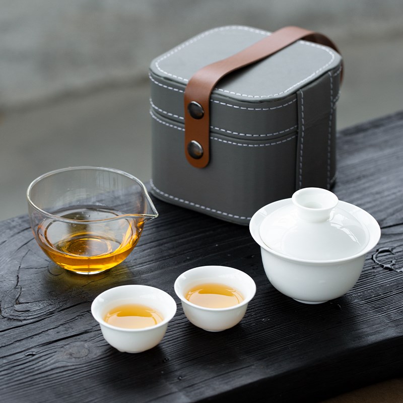 羊脂玉旅行茶具套装便携式快客杯一壶两杯户外旅游功夫茶具收纳包