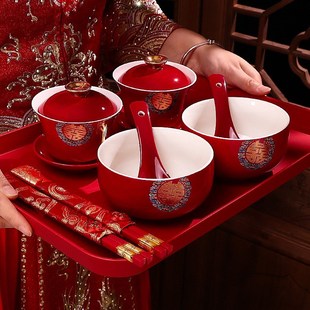 对碗喜碗喜杯敬酒茶碗盖碗婚礼改口陪嫁用品新 茶杯结婚敬碗筷套装
