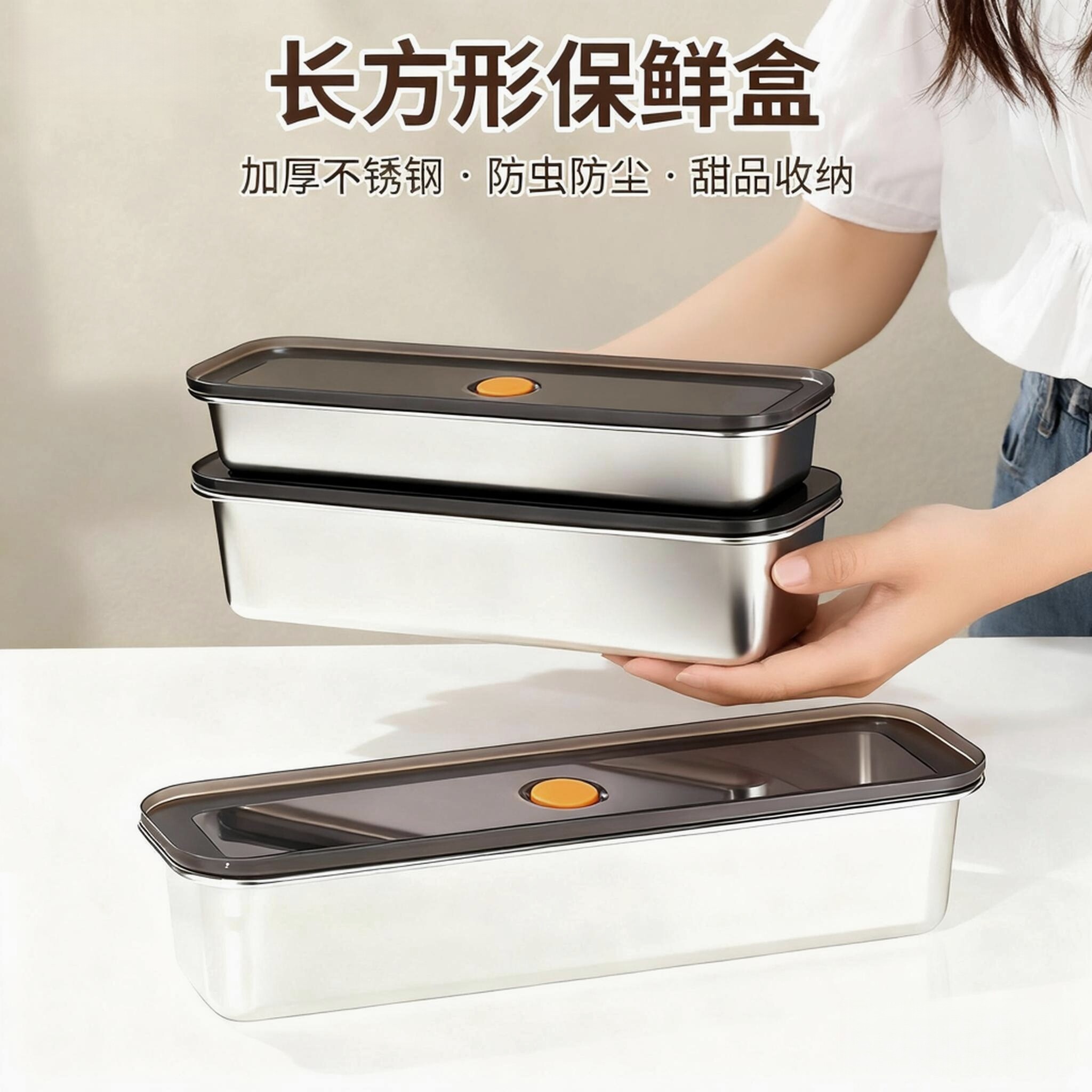 304不锈钢长方形保鲜盒食品级密封盒加厚防虫防尘甜品冷冻收纳盒