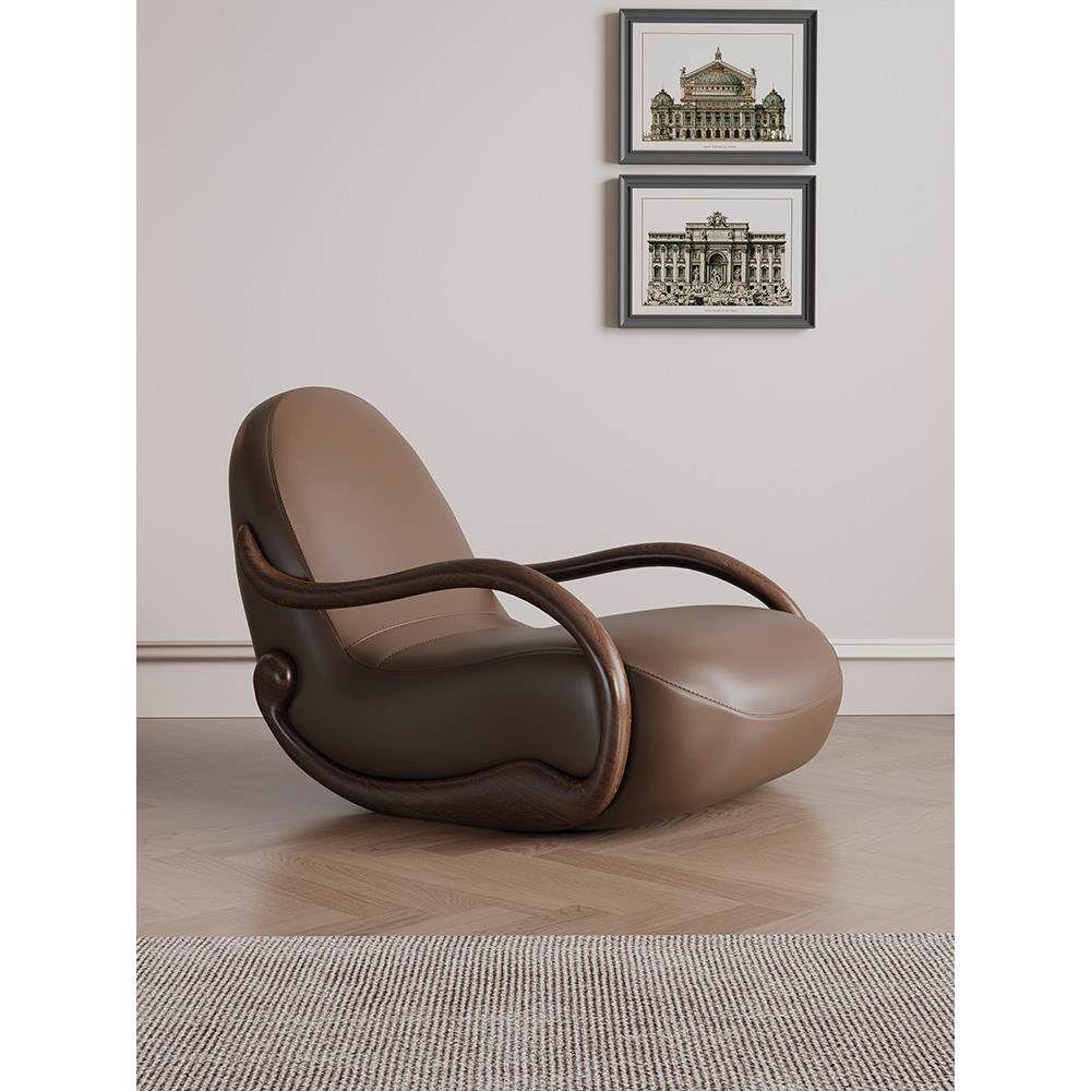 意大利极简黑胡桃扶手摇椅家庭客厅沙发皮革休闲阳台单人躺椅