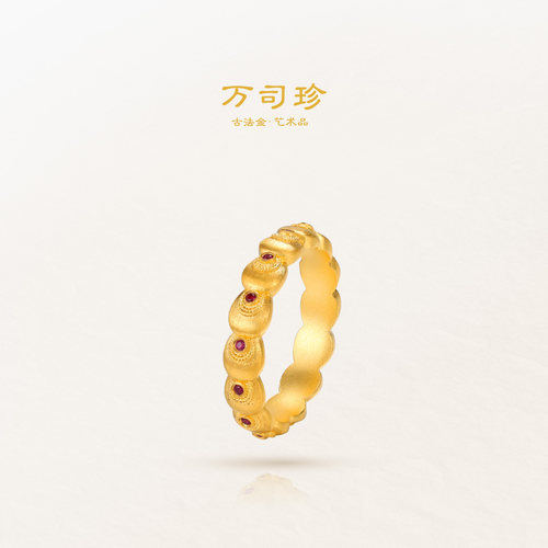 万司珍手工古法黄金 幸运孔雀翎连排花丝戒指 足金戒指纯金礼物