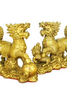 黄铜戏珠雌雄麒麟一母麒麟玄关客厅办公桌装饰品工艺品