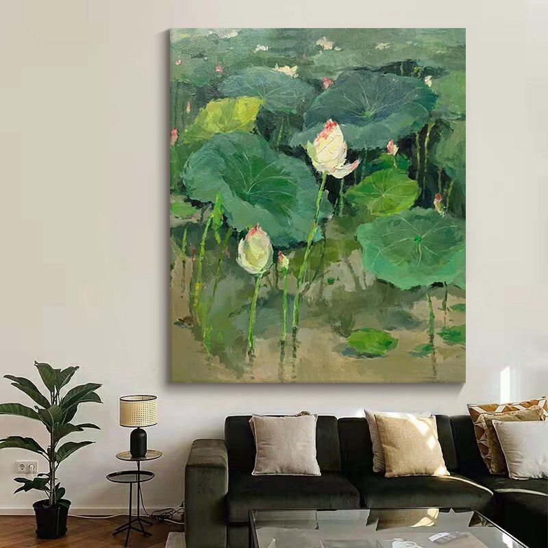 新吴冠中客厅水墨荷卉装饰画玄关手绘壁画油画肌理莲挂画