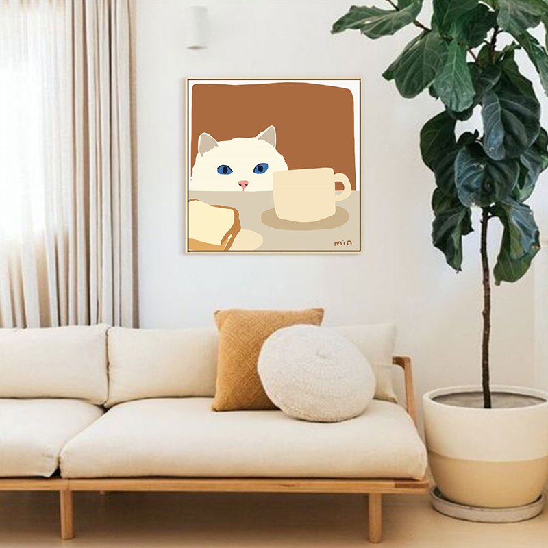 偷喝牛奶的猫咪爱喵卡通儿童房挂画萌宠动物面装饰画